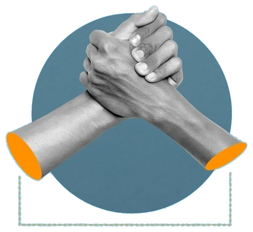 Collage of two hands clasped together over a deep-teal circle on sky blue