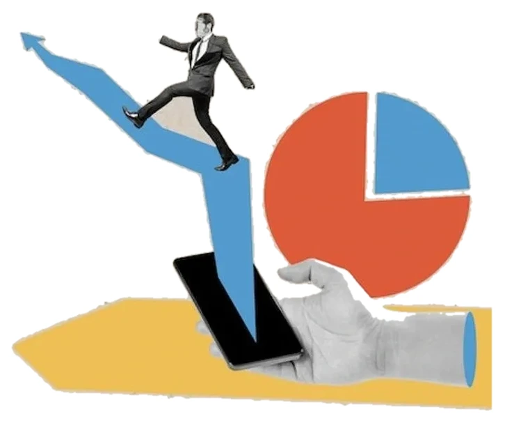 Collage of a man striding up a rising arrow that grows out of a phone held in a hand