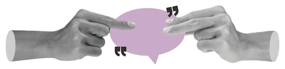 Collage of two hands passing a speech bubble between them