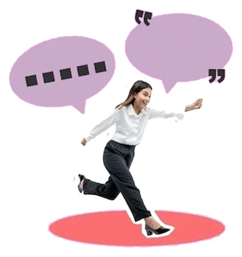 Collage of a woman mid-stride between a thought ribbon and a speech bubble