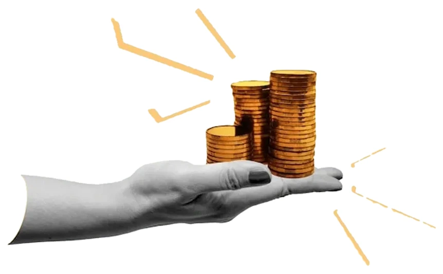 Collage of a hand holding rising stacks of coins ringed with white sparks