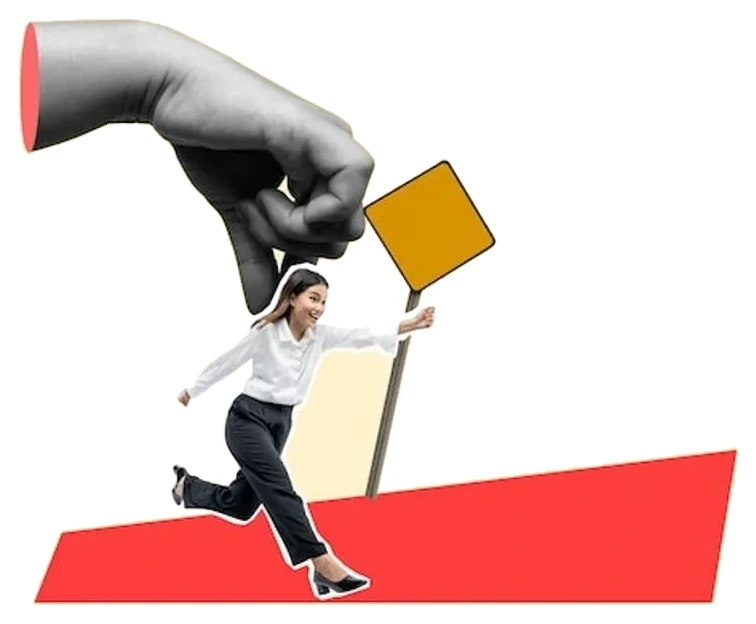 Collage of a large hand setting a running woman down on a red path beside a signpost