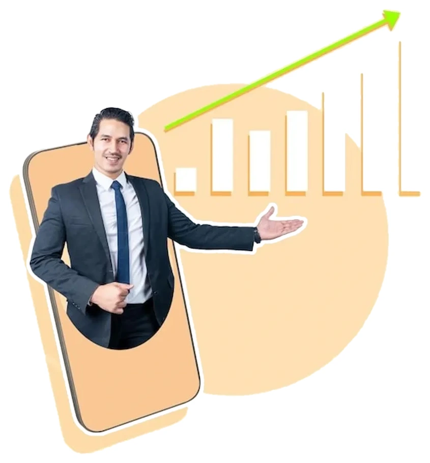 Collage of a smiling recruiter stepping out of a phone, presenting a rising bar chart