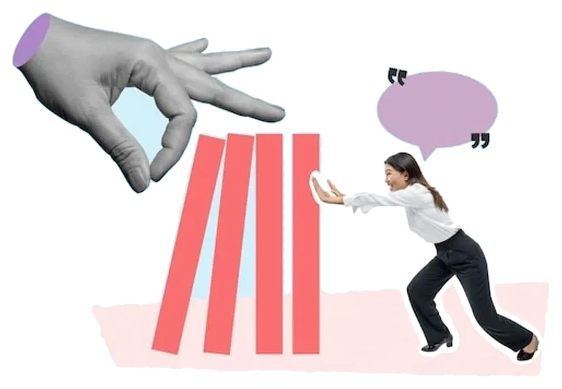 Collage of a woman holding a row of toppling dominoes upright while a giant hand flicks at them
