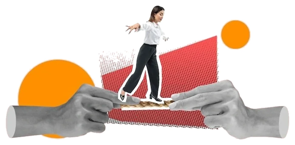 Collage of a woman crossing a tightrope held steady by two hands