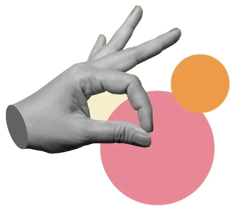 Collage of a hand making an OK sign over two colour circles