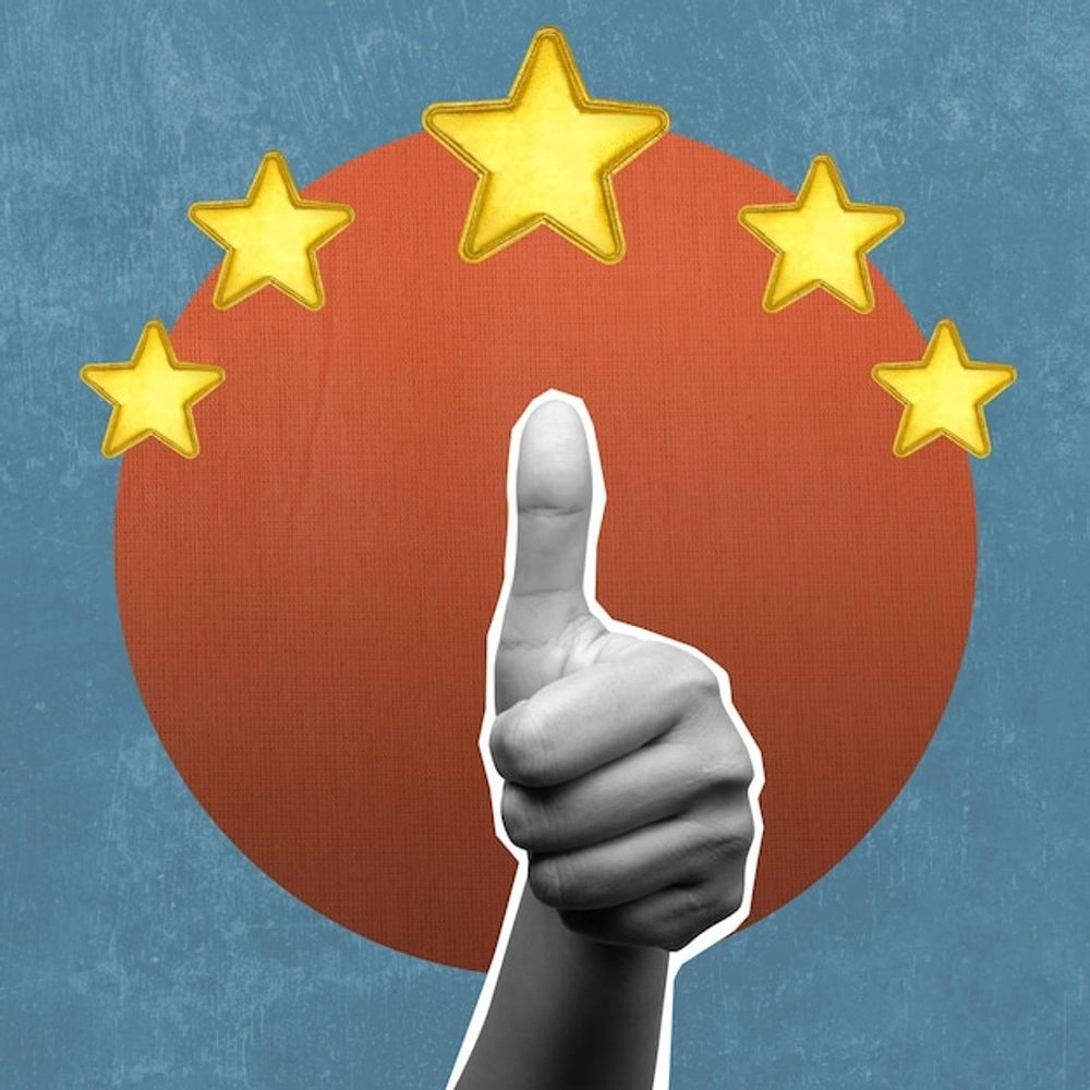 Collage of a hand giving a thumbs up inside a red circle ringed with five stars