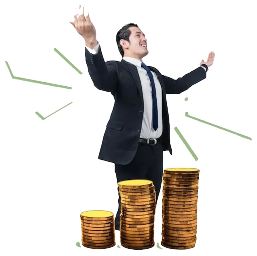 Collage of a man in a suit celebrating on rising stacks of coins, arms thrown wide